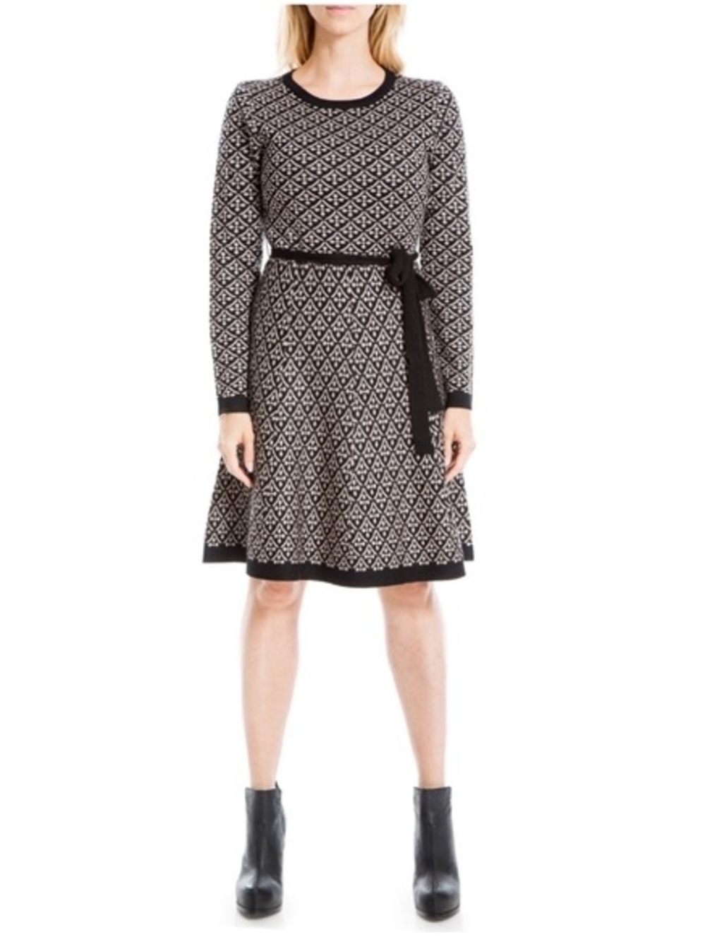 Max Studio Black and Cream Geometric Knit Tie-Waist Mini Sweater Dress
